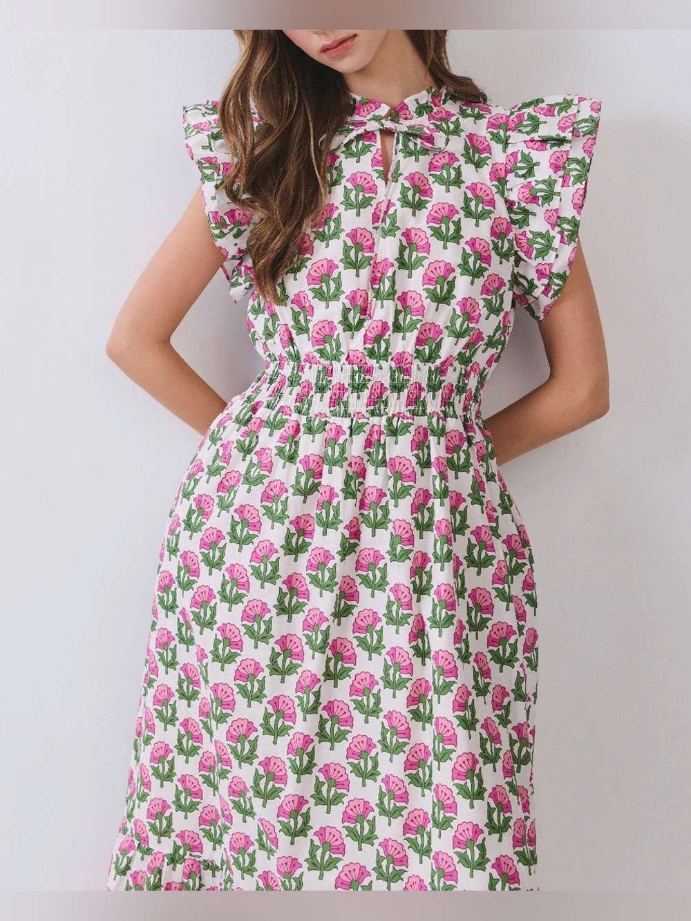 Pink Floral Midi Dress w/ Green Accents & Flutter Sleeves - Picture 3 of 4
